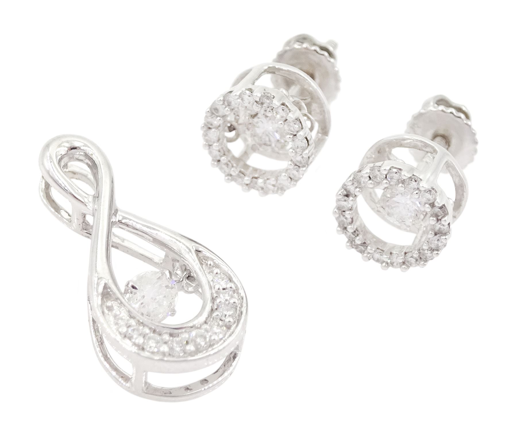 Pair of 14ct white gold round brilliant cut diamond halo cluster screw back stud earrings, with a suspended diamond to the centre, total diamond weight 0.30 carat and matching 14ct white gold pendant, total diamond weight 0.35 carat