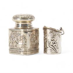 Late 19th century German Hanau silver miniature novelty scuttle, of cylindrical form with ...