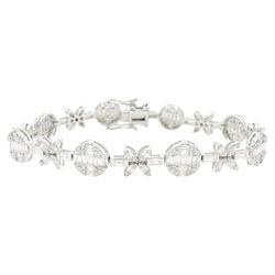 18ct white gold baguette and round brilliant cut diamond flower and circular link bracelet, stamped 750, total diamond weight approx 3.70 carat