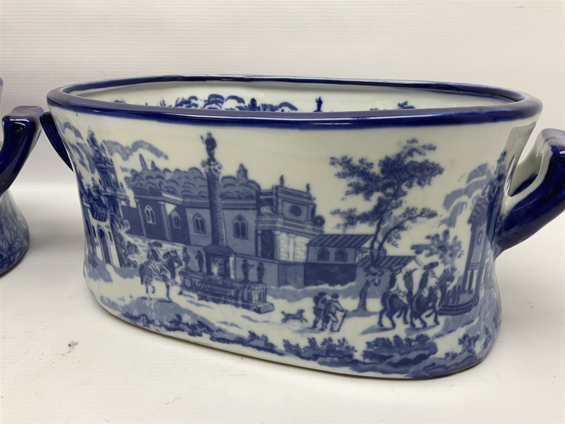 Pair of Victorian style, blue and white footbaths, H14cm, L37cm
