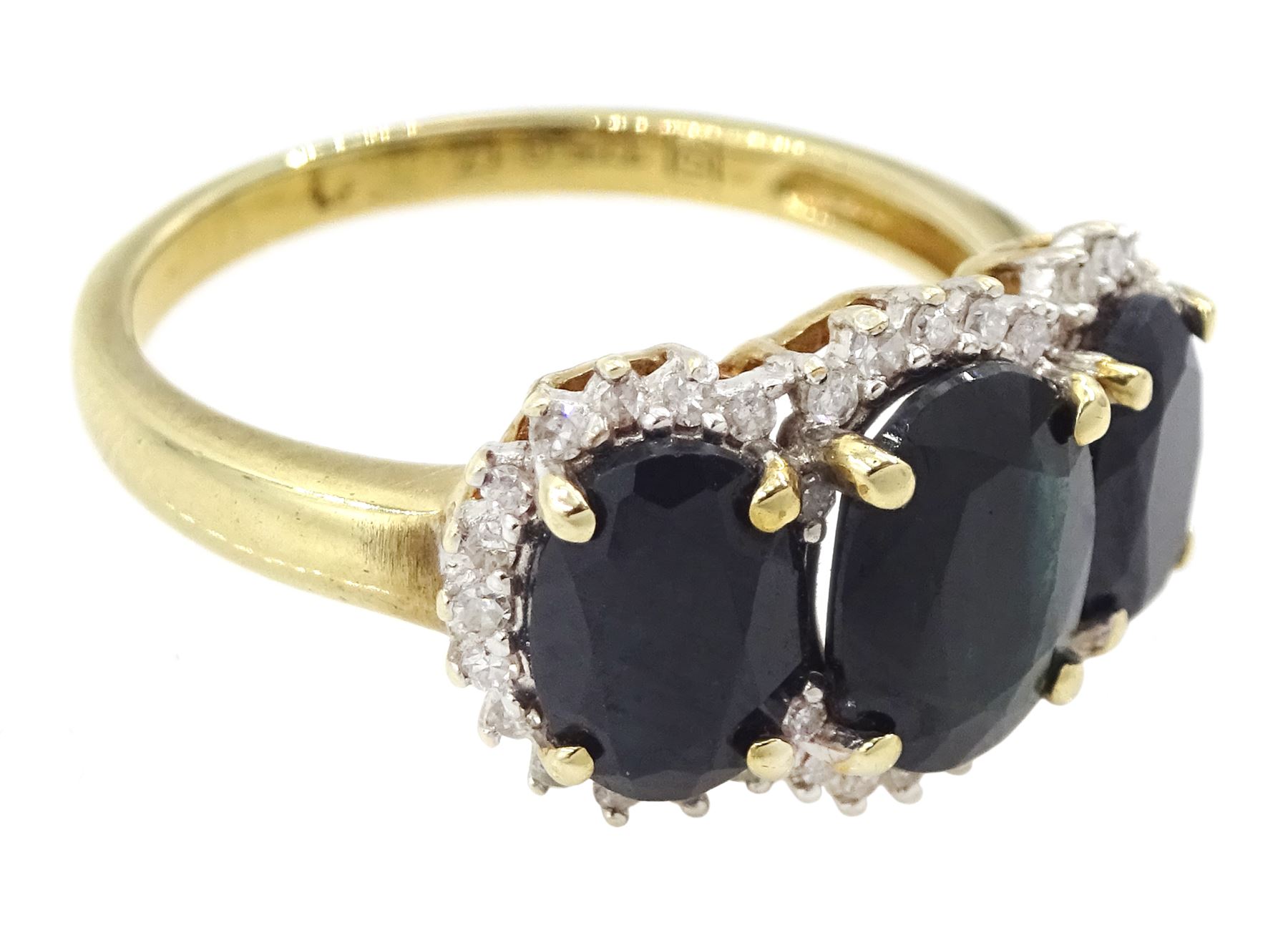 9ct gold three stone oval cut sapphire and round brilliant cut diamond cluster ring, hallmarked