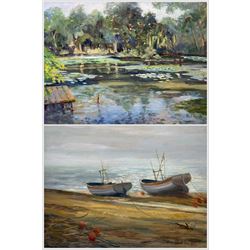 Paul Haigh (British 20th Century): 'Beached Fishing Boats at Aldeburgh' and 'The Lake at Elkington', two oils on board signed, titled verso max 29cm x 39cm (2)