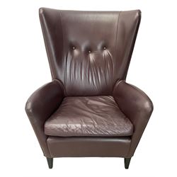 Wing back armchair upholstered in cocoa brown leather