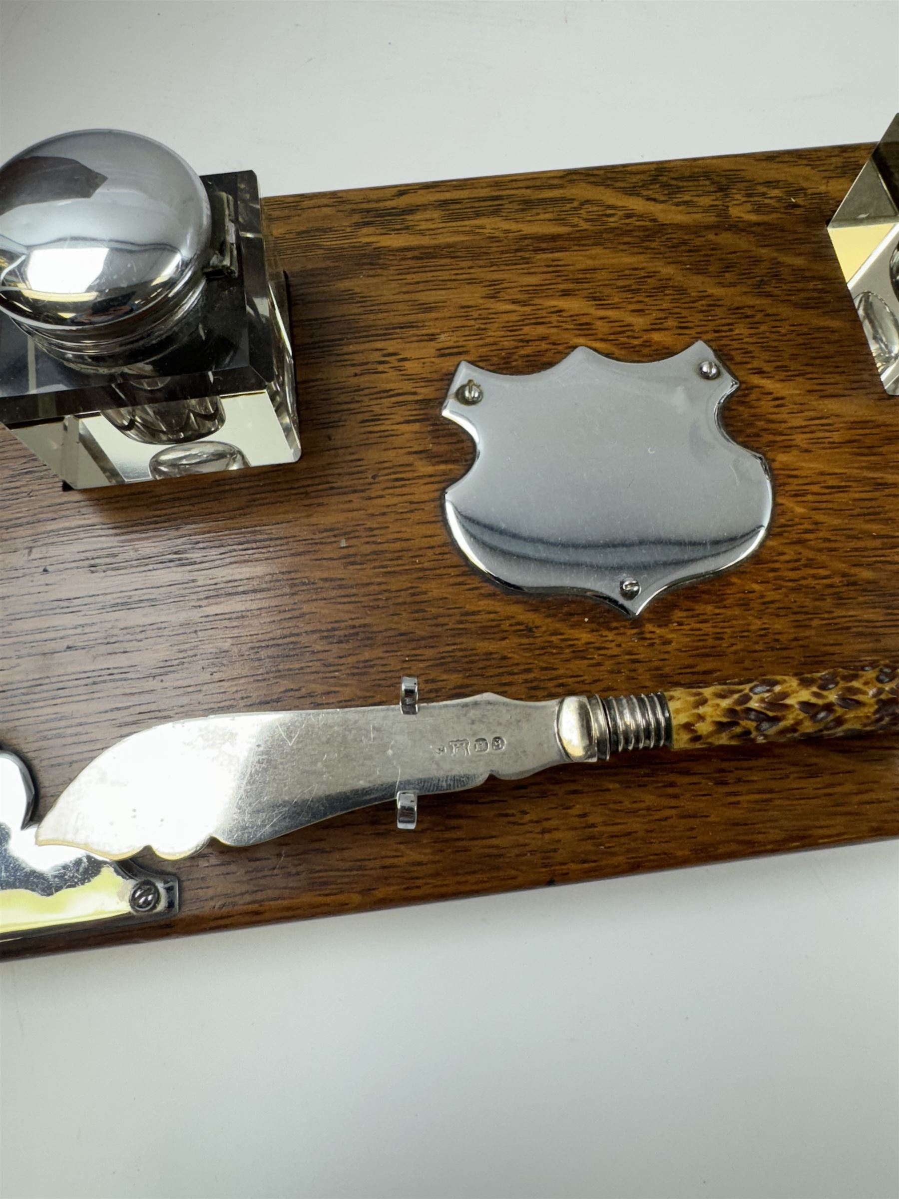 Victorian mahogany brass bound writing slope, together with a carved oak book slide, oak silver plated desk stand and a canteen box with engraved brass shield cartouche, writing slope W45cm