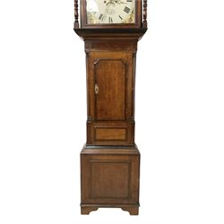 Taylor of Liverpool - mid 19th century 8-day Oak and Mahogany longcase clock with a swans necked pediment and brass ball finial, with a square hood door beneath flanked by turned pilasters, trunk with a short crossbanded door and raised panel on a square plinth raised on bracket feet, painted dial with matching geometric spandrels including depictions of conche shells, Roman numerals, makers name, axe moon disc and calendar aperture, dial pinned via a false plate to a rack striking movement, striking the hours on a bell. With weights and pendulum.