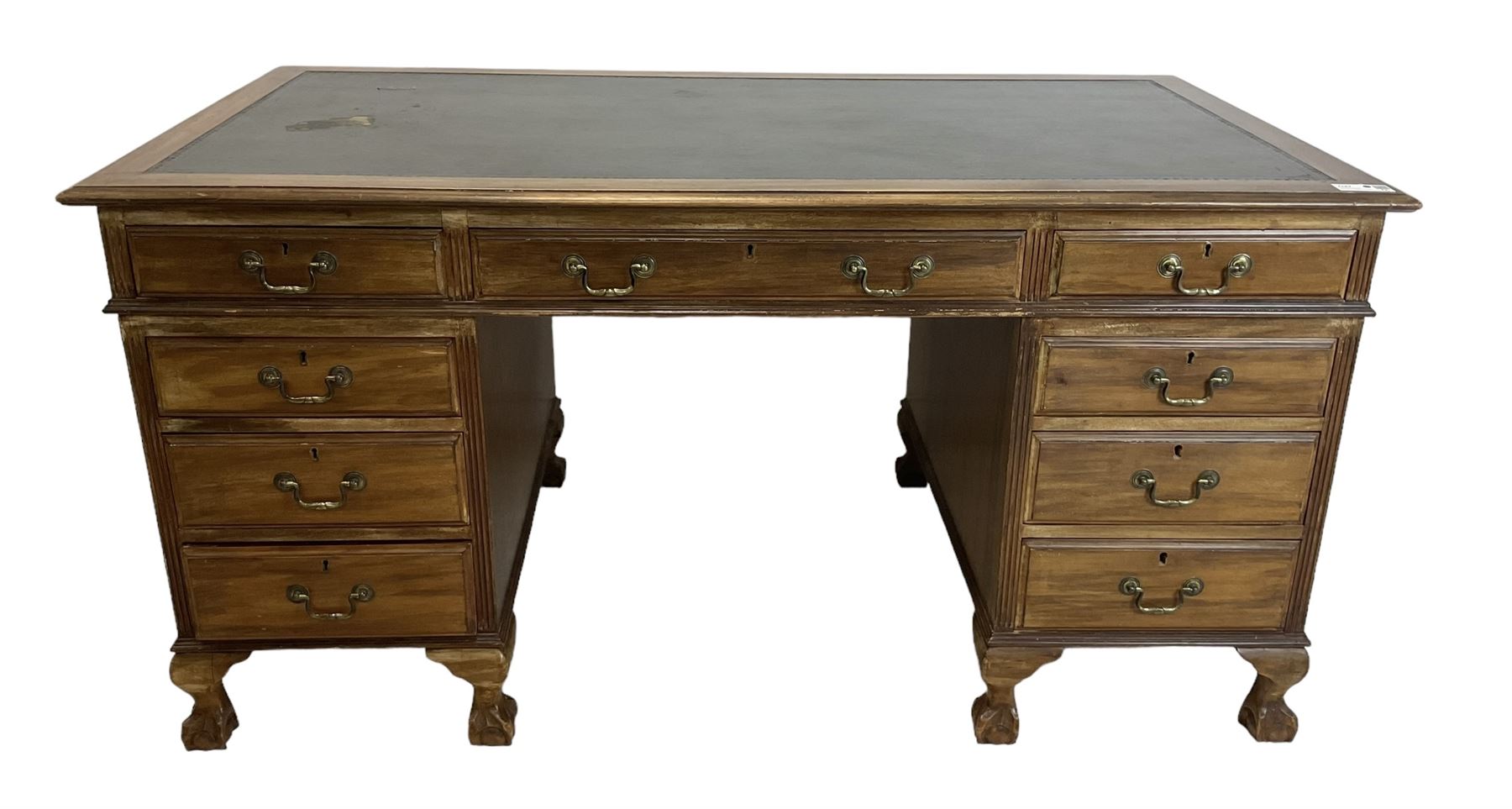 Georgian design twin pedestal desk, rectangular top with green leather inset, fitted with nine drawers, on cabriole supports with ball and claw feet 