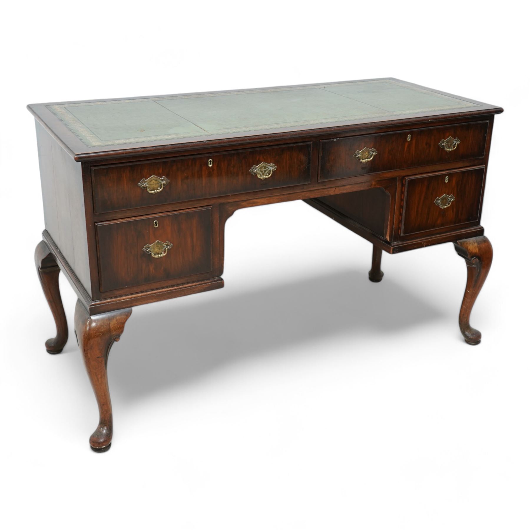 Early 20th century kneehole desk, moulded rectangular top with green leather inset, fitted with four drawers, on cabriole supports