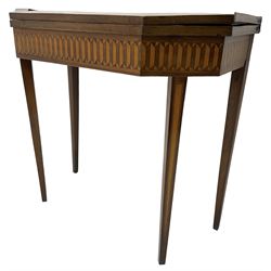 19th century inlaid mahogany card table, rectangular fold-over top with canted front corners, decorated with banded and strung edge with central inlaid fan motif, frieze decorated with geometric inlay, over a single action gate-leg base with square tapering supports