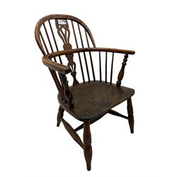 19th century elm and ash Windsor armchair, double hoop and stick back with shaped and pierced splat, on turned supports united by swell-turned H-stretchers (W60cm, H108cm); 19th century elm and yew wood Windsor chair (W57cm) (2)