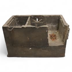 19th century rectangular coade stone casket , the front panel with a spray of flowers, the sides with lion masks 30cm x 15cm x 17cm