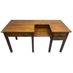 Early 20th century oak clerks desk, fitted with drop centre and drawers, on square supports