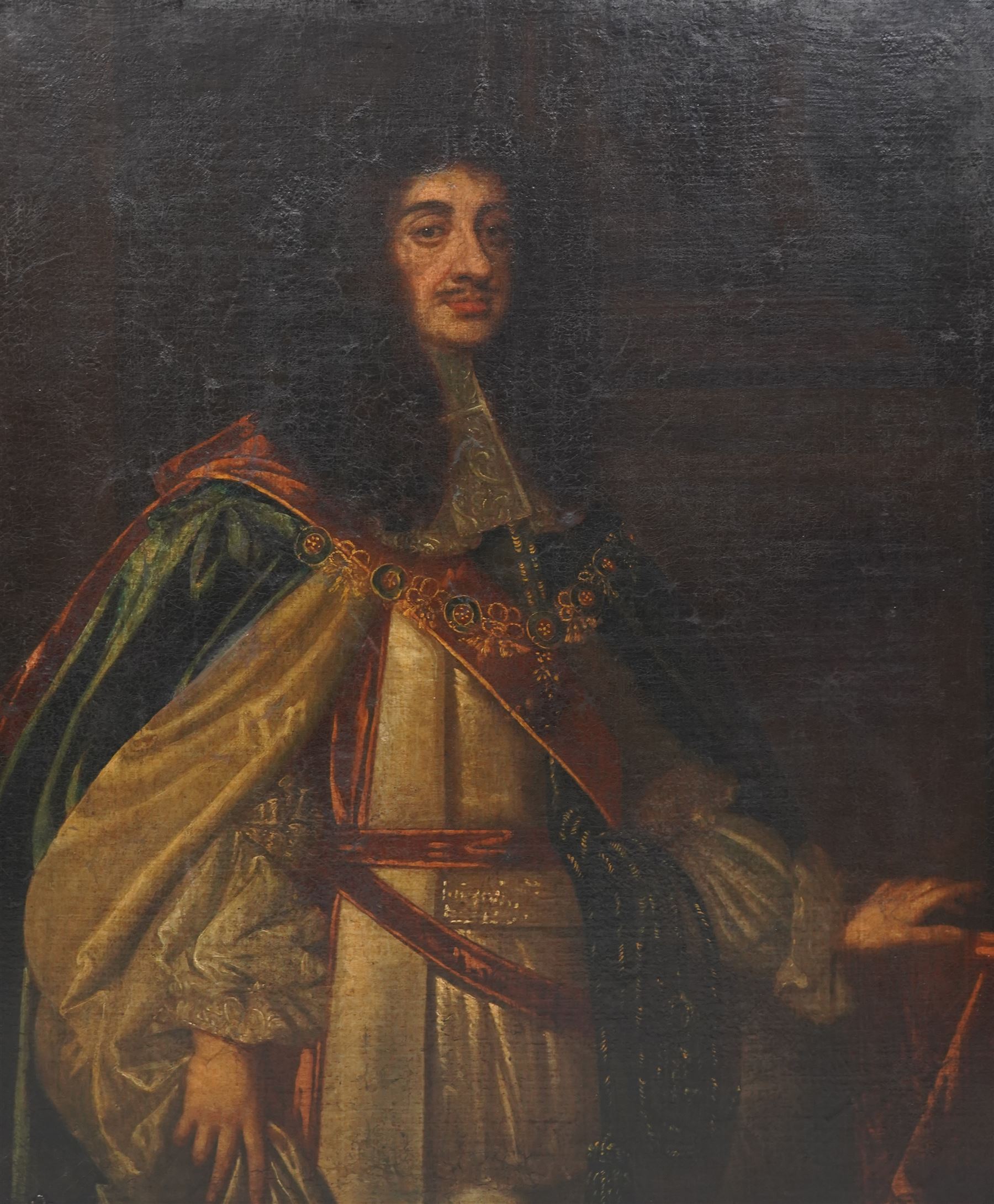 Circle of Sir Peter Lely (Dutch 1618-1680): Three-Quarter Length Portrait of King Charles II Wearing Garter Robes, 17th century oil on canvas laid onto board unsigned 121cm x 98cm, held within ornate gilt frame overall 148cm x 125cm