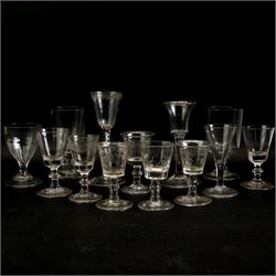 18th century cordial glass on air twist stem, another with plain stem and folded foot, two 19th century rummers and other 18th and 19th century glasses (13)