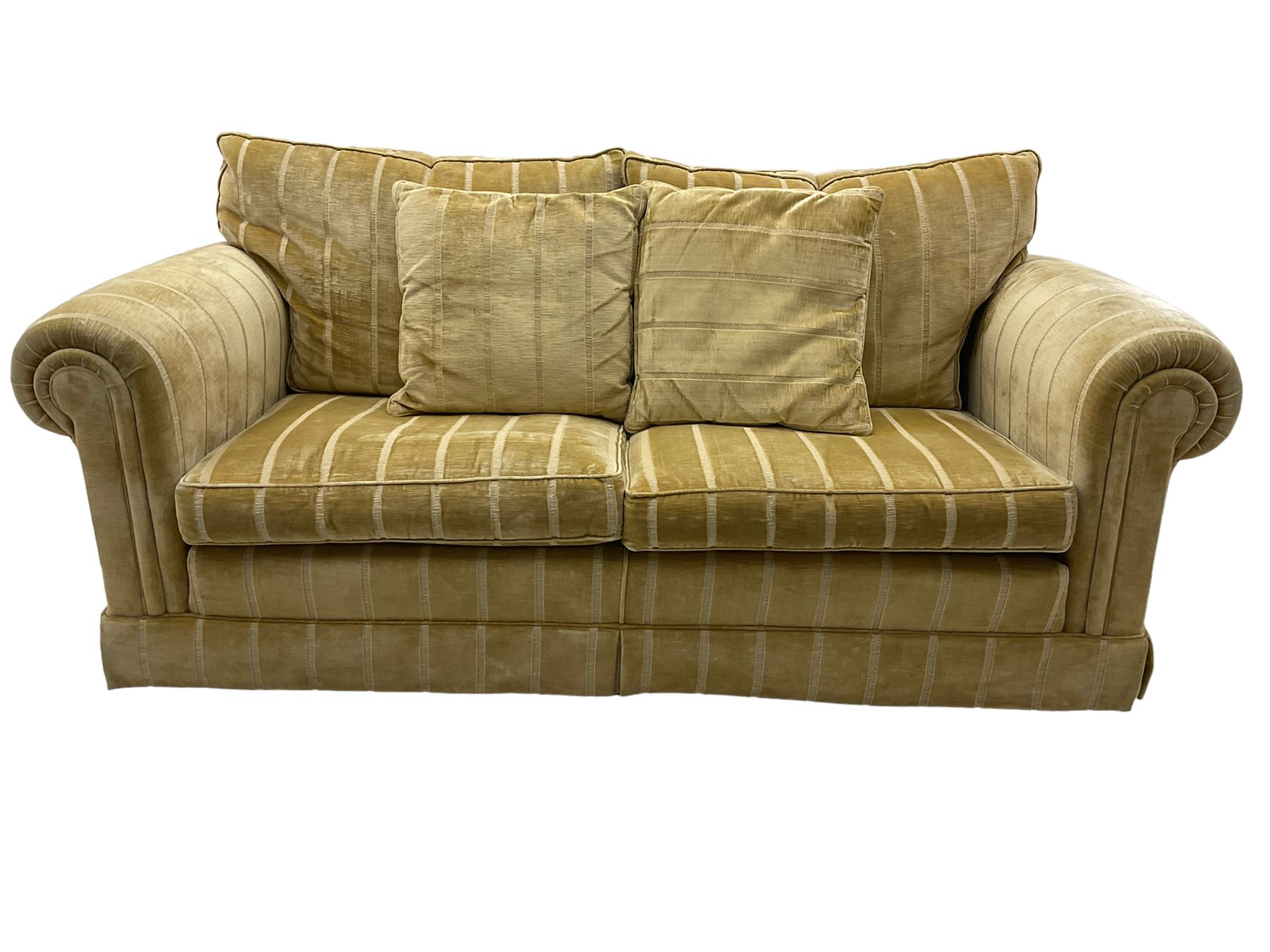 Duresta England - two-seat sofa, upholstered in pale gold fabric, traditional shape with rolled arms