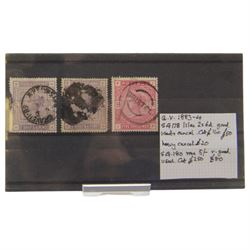 Two Queen Victoria two shilling and six pence stamps and five shilling with 'Bristol' canc...