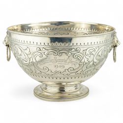 'H.A.Starkey Memorial Trophy 1949' - A silver rose bowl with lion mask ring handles and em...