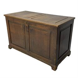 19th century pine blanket chest, double panelled hinged lid over panelled front and sides, on bracket feet