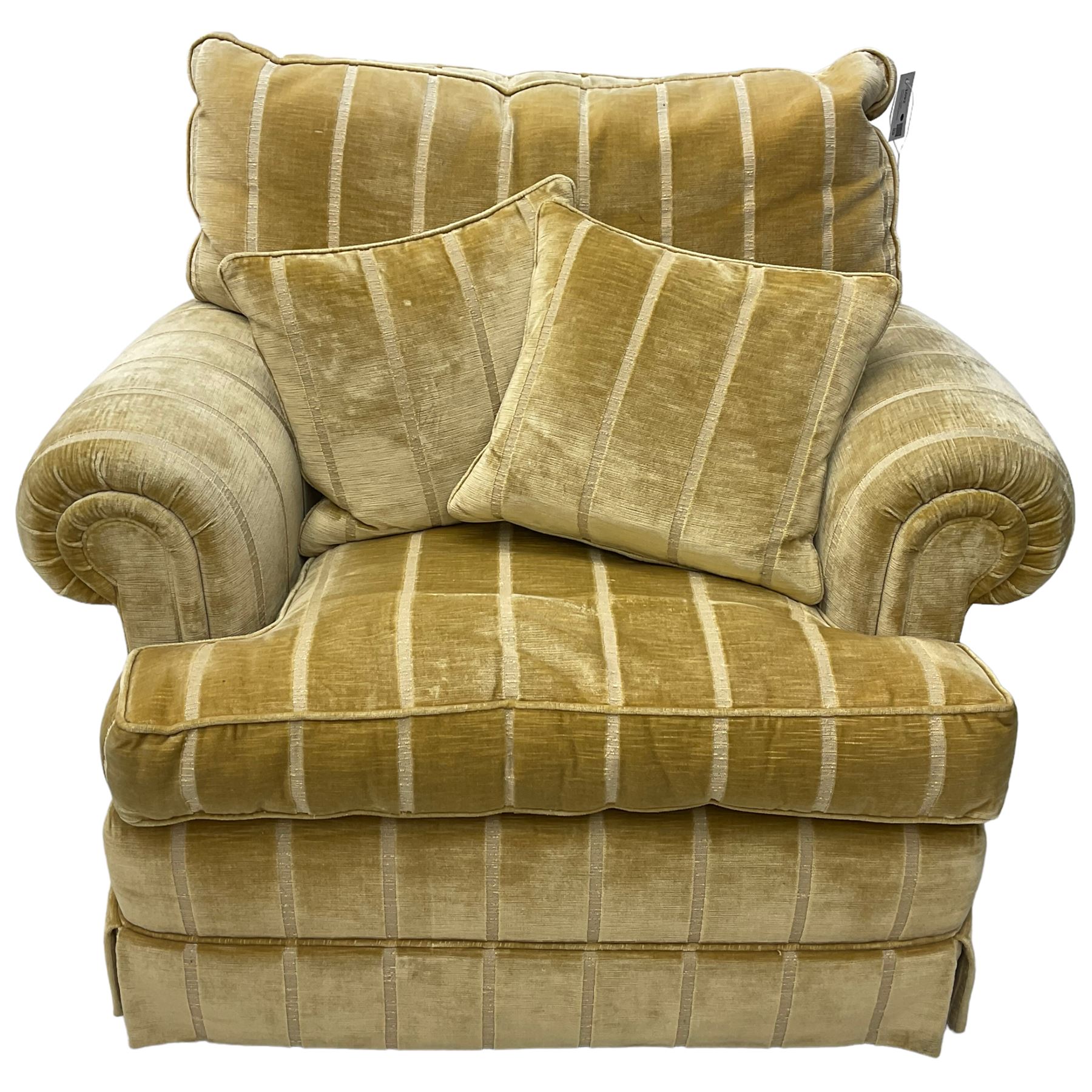 Duresta England - armchair, upholstered in pale gold fabric, traditional shape with rolled arms