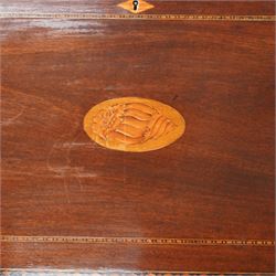 19th century inlaid mahogany bureau on stand, sloped moulded lid inlaid with shell motifs and parquetry bands, the interior fitted with drawers, small cupboard and document divisions, inlaid with soldier holding sword and shield flanked by classical columns, the stand fitted with single drawer over shaped apron inlaid with shell, on square tapering supports  