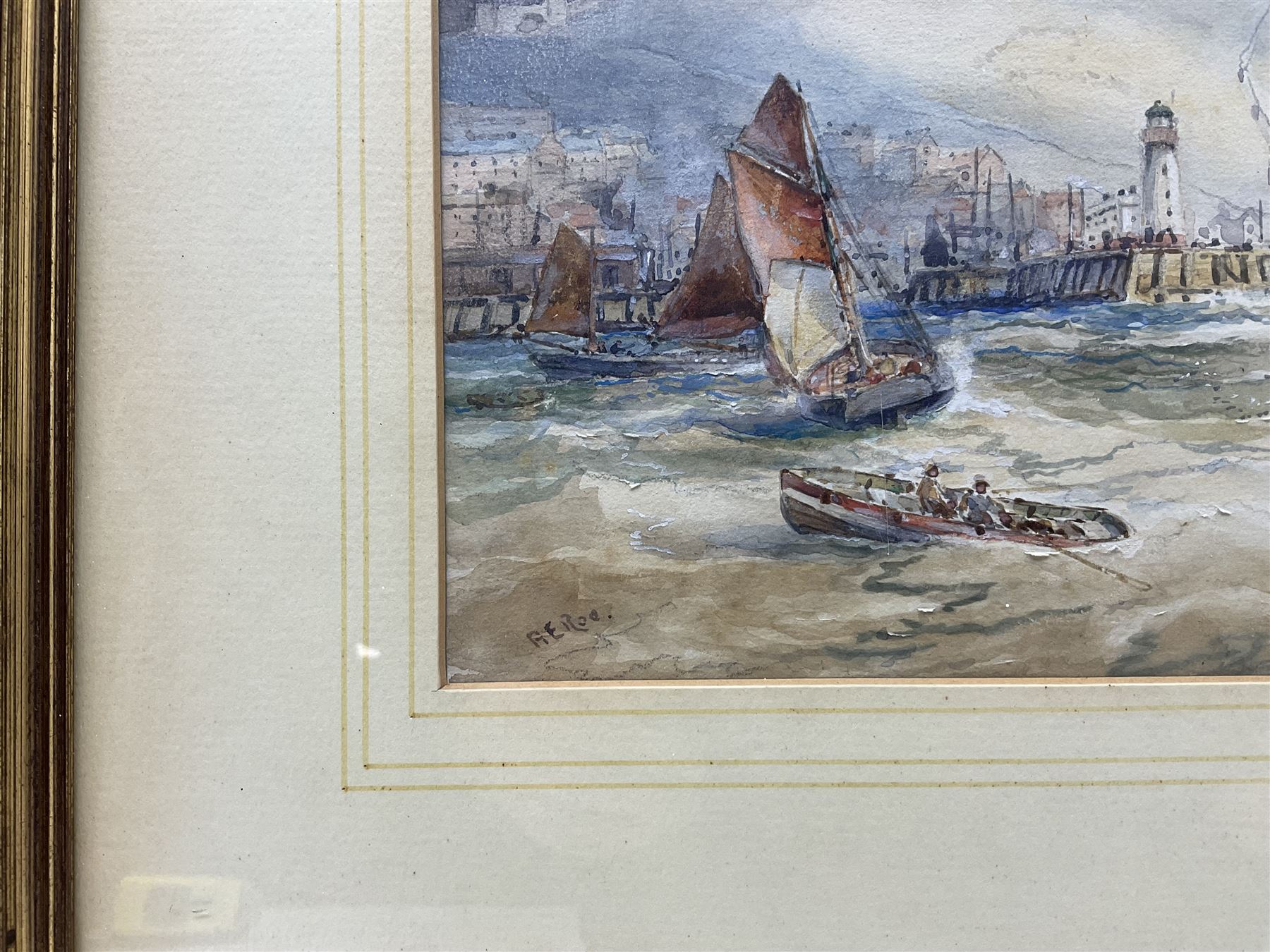 Robert Ernest Roe (British 1852-c.1921): Paddle Steamer and Sailing Vessels outside Scarborough Harbour, watercolour with scratching out signed 25cm x 37cm 