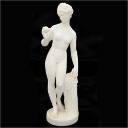 Large Italian composite nude figure of Aphrodite holding the cataclysmic golden apple of discord in her hand, on circular base, H65cm 