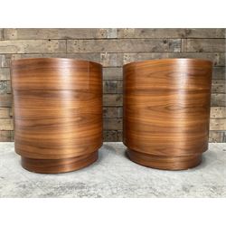 Pair of walnut circular barrel shaped lamp tables, fitted with single drawer