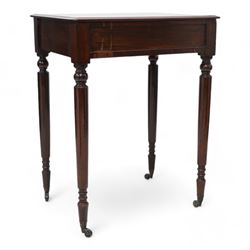 Small 19th century mahogany side table, rectangular top fitted with single drawer, raised on turned supports terminating to castors