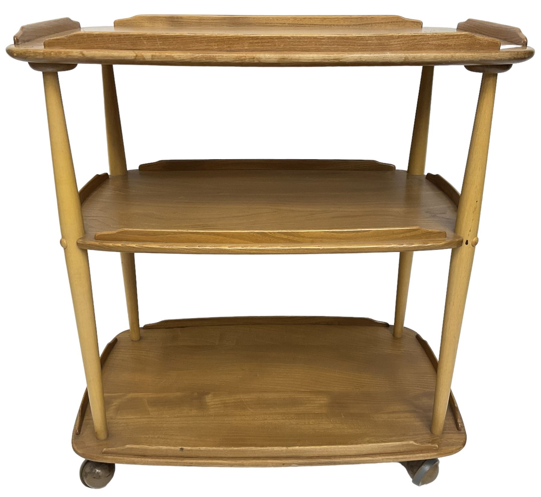 Ercol - mid-20th century light elm 'three tier tea trolley, on castors