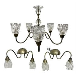 Contemporary five-branch chandelier, brass effect with moulded glass shades; matching pair of wall-mounted two-branch lights (3)