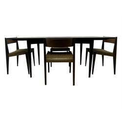 Mid 20th century Danish teak extending dining table, rectangular top with contrasting central draw leaf, on tapered supports; with four teak dining chairs with string seats