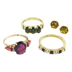 9ct gold jewellery including garnet and diamond ring, pair of amber stud earrings, diamond and stone set ring and one other green and clear stone set ring