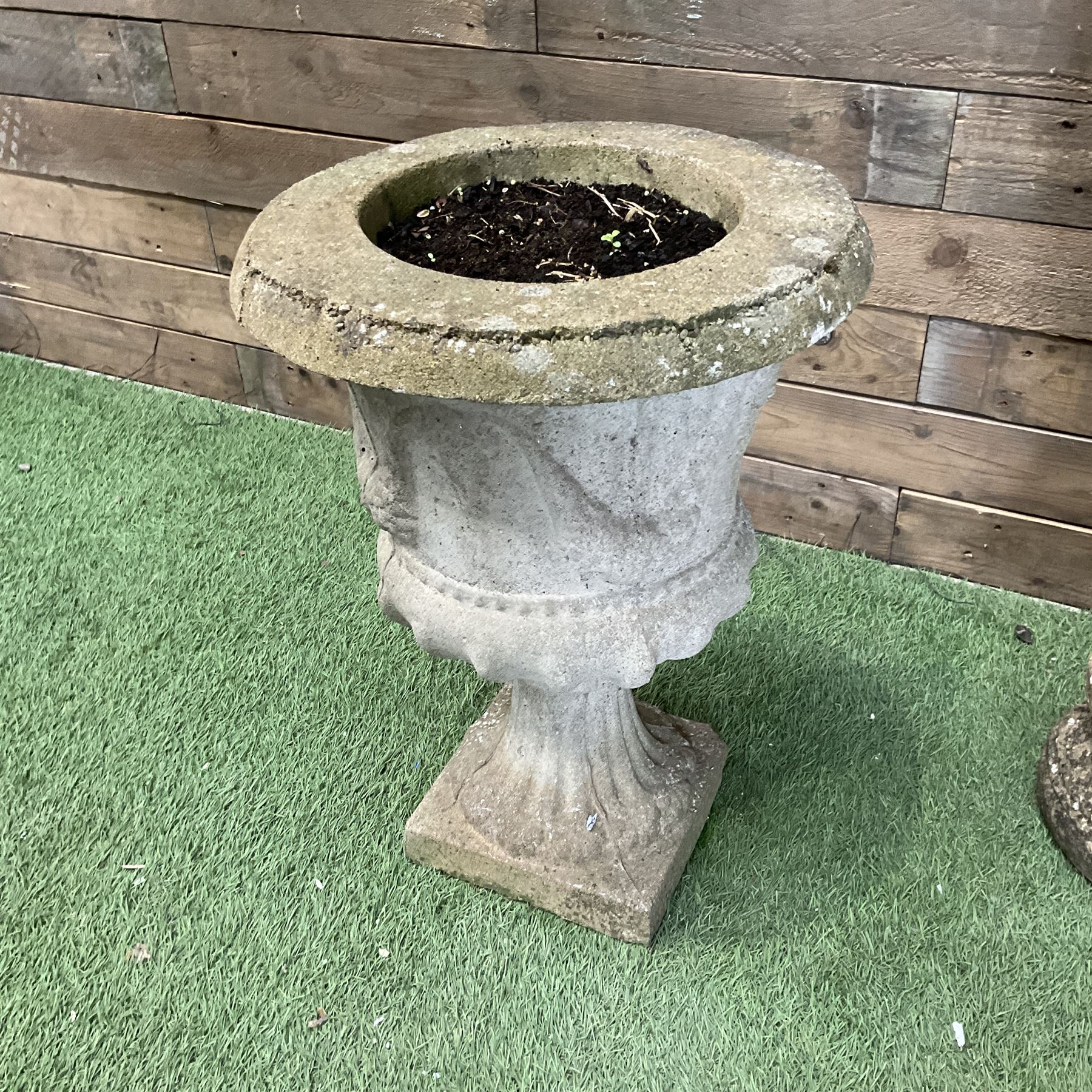 Cast stone female figure, NESW Compass stone plaque, and pair of small cast stone urns - THIS LOT IS TO BE COLLECTED BY APPOINTMENT FROM DUGGLEBY STORAGE, GREAT HILL, EASTFIELD, SCARBOROUGH, YO11 3TX