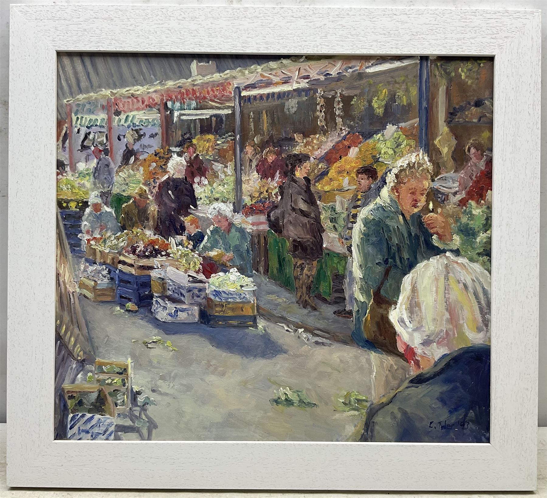 Catherine Tyler (British 1949-): 'Open Market Brighton', oil on panel signed and dated '93, titled verso 42cm x 47cm