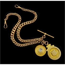 Early 20th century 9ct rose gold Albert watch chain, with two gold medallion fobs, both hallmarked 9ct