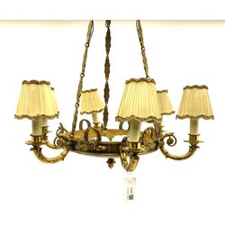 Mid 20th century brass saucer design six branch chandelier centre light fitting