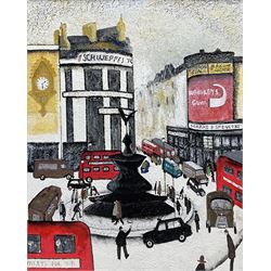 John Hanley (Northern British 1947-): 'Trip to London', oil and acrylic ink on canvas, signed titled and dated 04/22 verso 50cm x 40cm