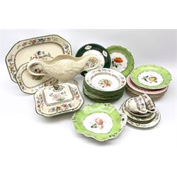 A collection of Victorian ceramics, to include Spode Chinese rose pattern dinner wares, including tureen and cover, two serving platters, two cups and two saucers, six bowls, and nine plates of various sizes, a Spode twin handled mantel vase/platter, and a number of Victorian hand painted botanical plates, plus a dessert dish.