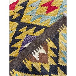 Chobi Kilim multi-colour runner rug, the field decorated with geometric lozenges in contrasting shades on brown ground