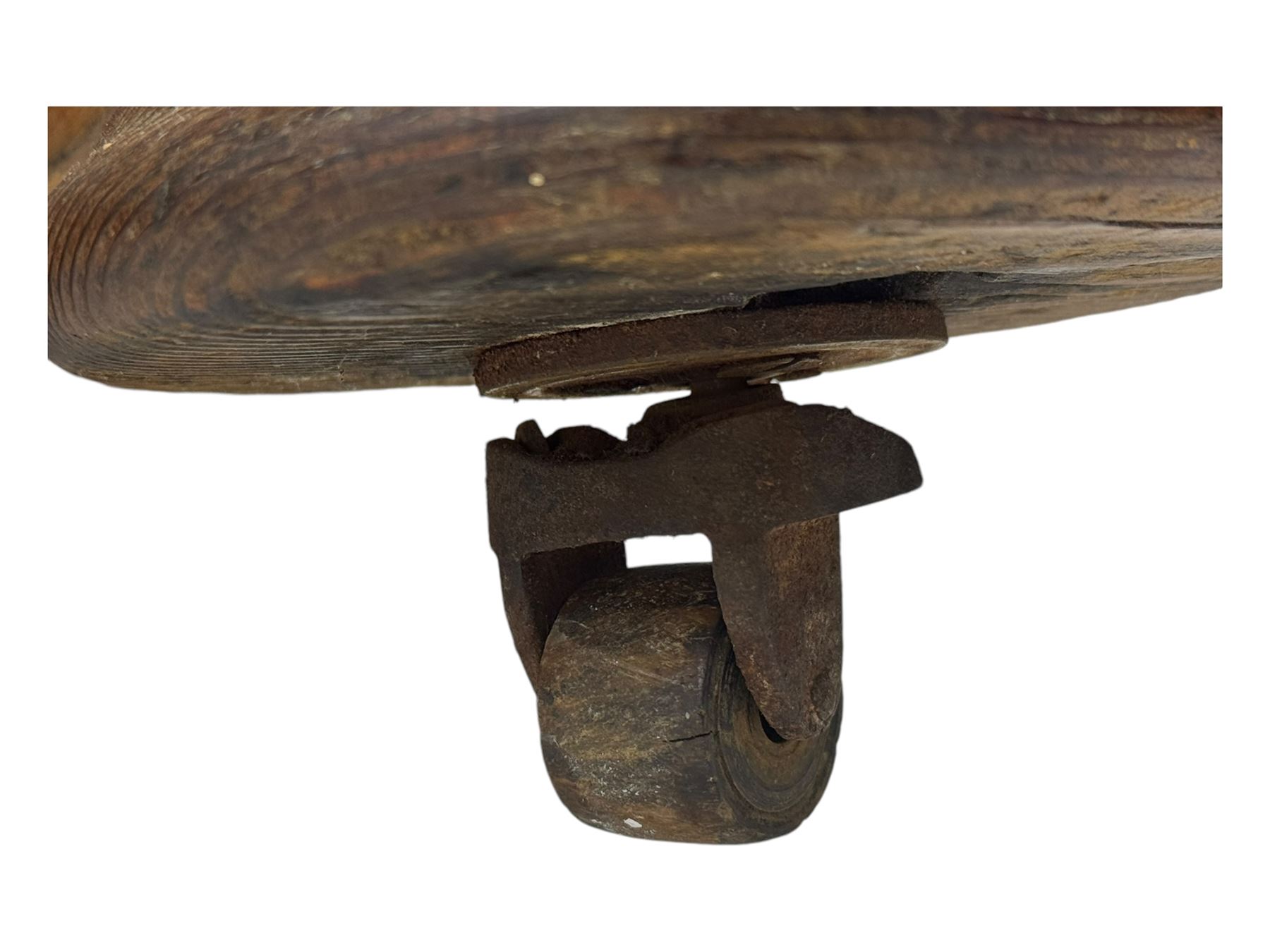 19th century pitch pine Davenport desk, sloping hinged top, fitted with four drawers, on turned column supports, turned compressed feet with castors 