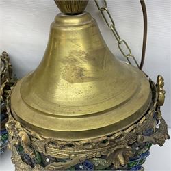 Two 20th century brass and murano glass pendent lanterns, each lantern is decorated with individual multi-coloured glass flowers, suspended from brass cover with floral swags, H40cm