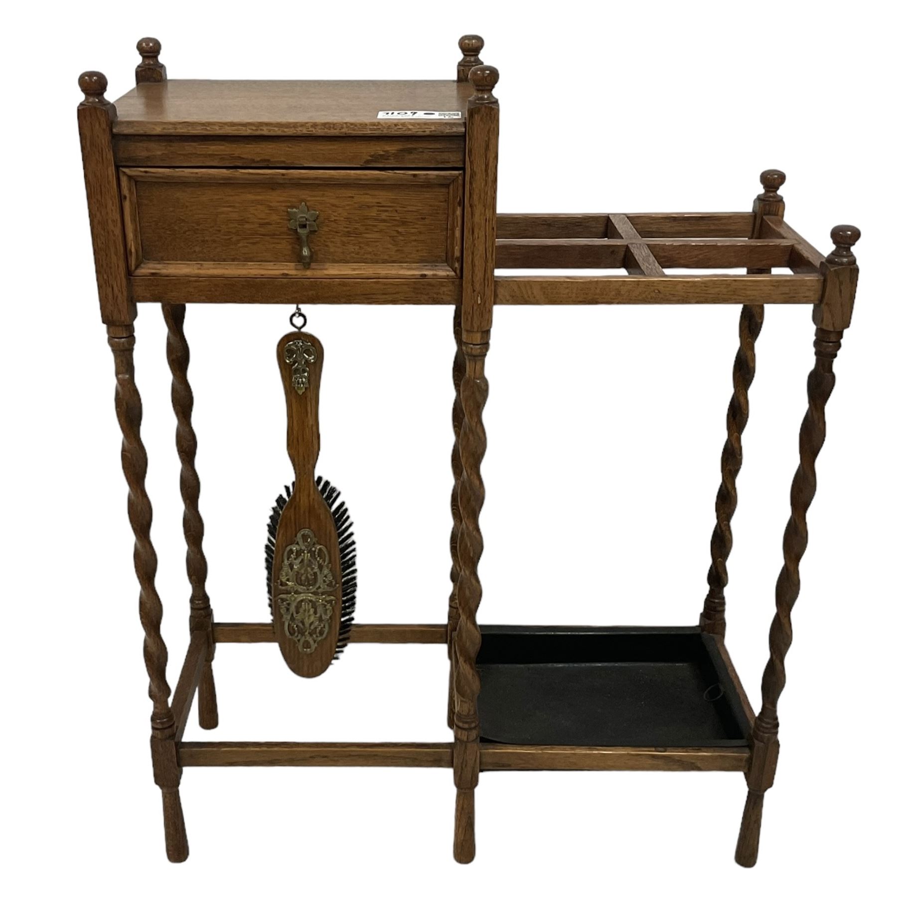 Edwardian oak spiral turned torchere stand, circular dished top, on tripod base (W31cm H125cm); Edwardian oak hallstand, fitted with single drawer, four sectional umbrella or stick stand over drip tray, with associated brush (W60cm H76cm) 