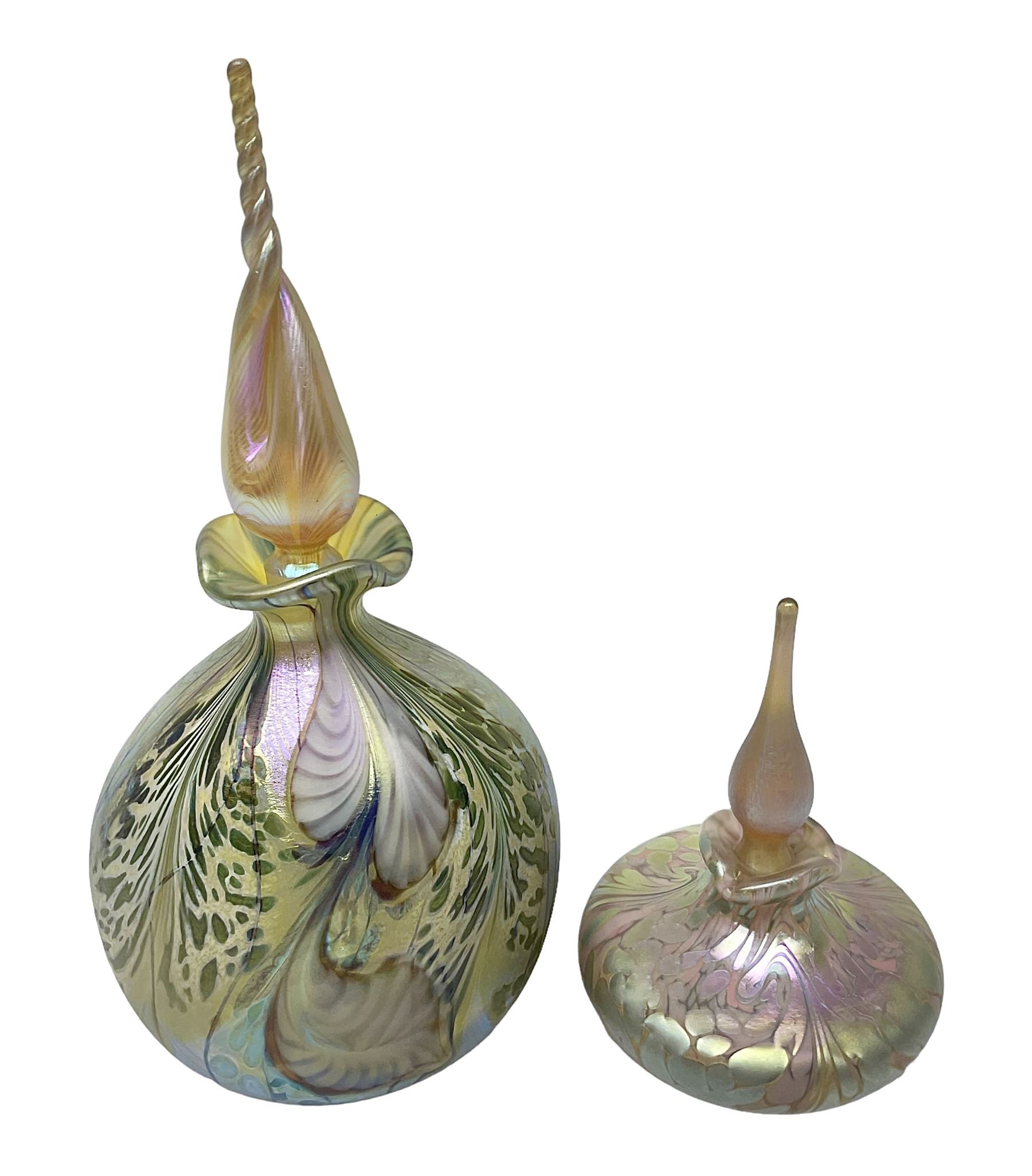 Okra scent bottle Gold Tranquility, together with another of squat from decorated with iridescent threads of gold and pink, both with original box, largest H20cm