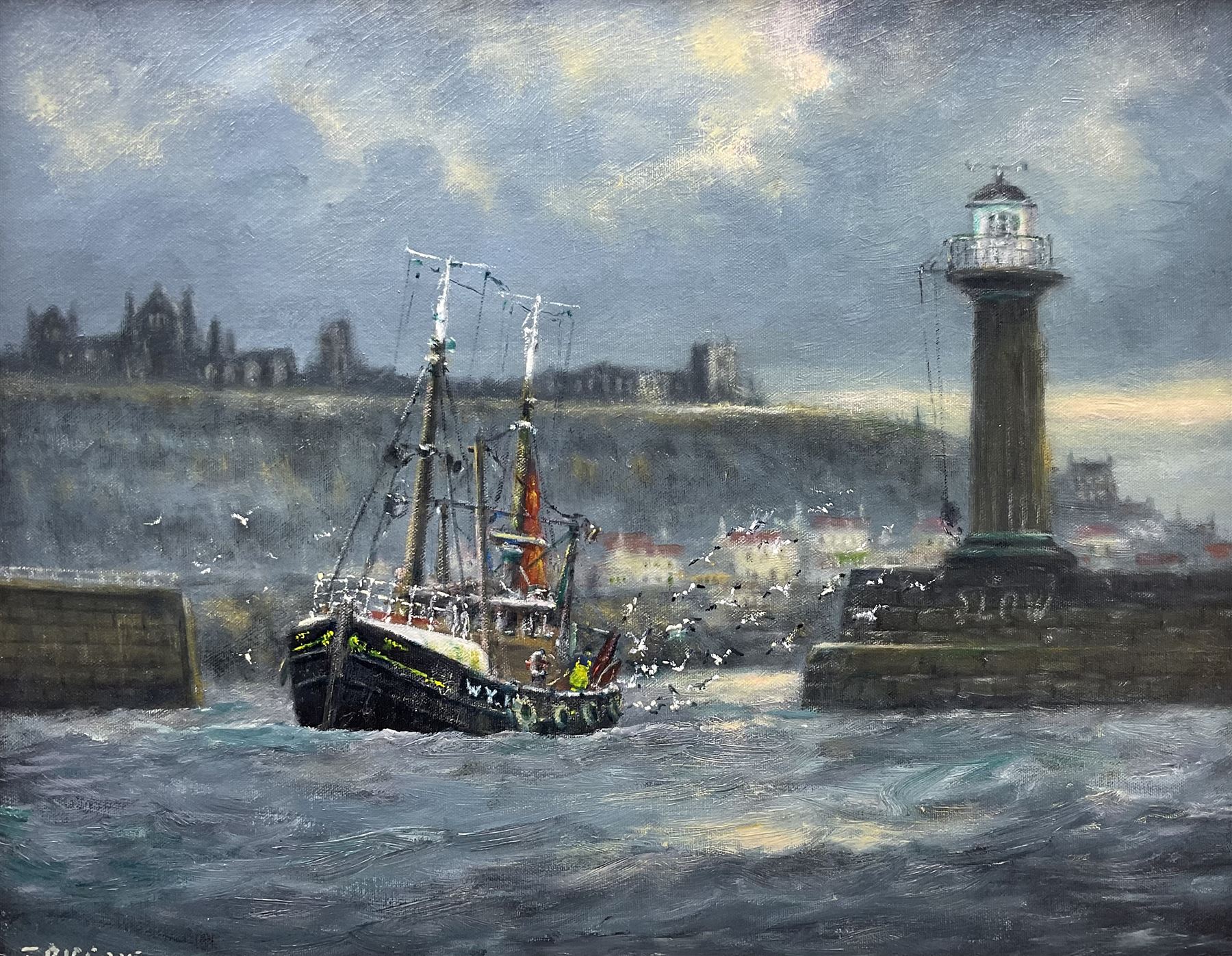 Jack Rigg (British 1927-2023): 'Gone Fishing' - Leaving Whitby, oil on canvas board signed and dated 2015, titled verso 39cm x 50cm