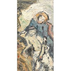 Barry De More (Yorkshire 1948-2023) after Eugène Delacroix (French 1798-1863): 'Pieta', oil and impasto on board signed, inscribed verso 32cm x 17cm