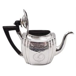 George III silver teapot, of oval form with part faceted sides, wooden handle and finial, the body engraved with central crest and foliate border, hallmarked Duncan Urquhart & Naphtali Hart, London 1799, H16.5cm, approximate gross weight 15.19 ozt (472.5 grams)
