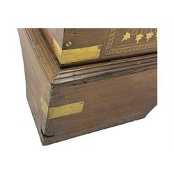 20th century mahogany chest, rectangular hinged top enclosing removable compartments with carved starburst motifs with linear and geometric patterns, brass inlay to the top and front, mounted corners and edges, on bracket base