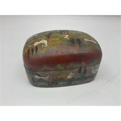 Nine lacquered boxes, all rectangular form, including russian examples decorated with animals within a stylized landscapes and example with flower decoration, largest H7cm, L11cm