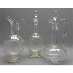  Victorian wine ewer and decanter etched with trailing fern leaves & berries on star cut base and a matched ewer, H29cm (3)  