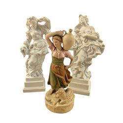 Three Royal Dux figures, comprising no.2262 shepherdess carrying water and two white bisqu...