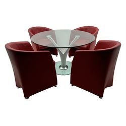 Rolf Benz glass dining table, circular bevelled glass top supported by central Y-shaped brushed metal column, terminating in circular glass base; four red leather tub chairs with curved backrests and vertical stitching, on round chrome feet (5)